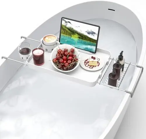 

Роскошный раскладной поднос для ванны с подставками для стаканов и держателем для телефона - белый