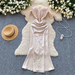Women Chic satin Spliced mesh slash neck Sexy French Fashion Summer evening dress mermaid dress