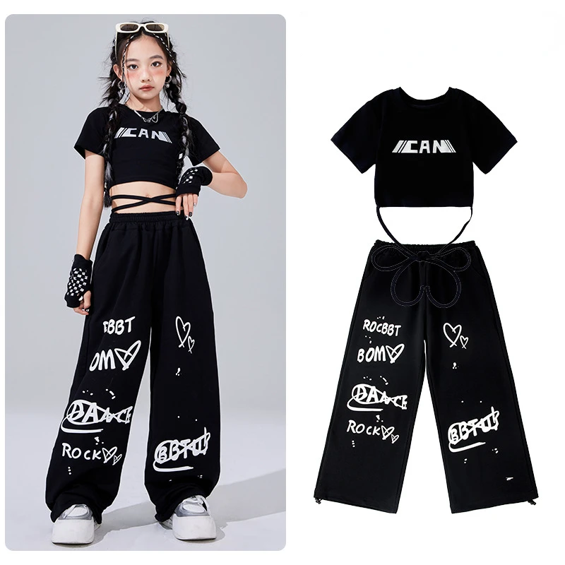 

Girls Hip Hop Crop Top Black Street Dance Pants Kids Streetwear Children Jazz Cheerleader Costumes Teenagers Stage Clothes Sets