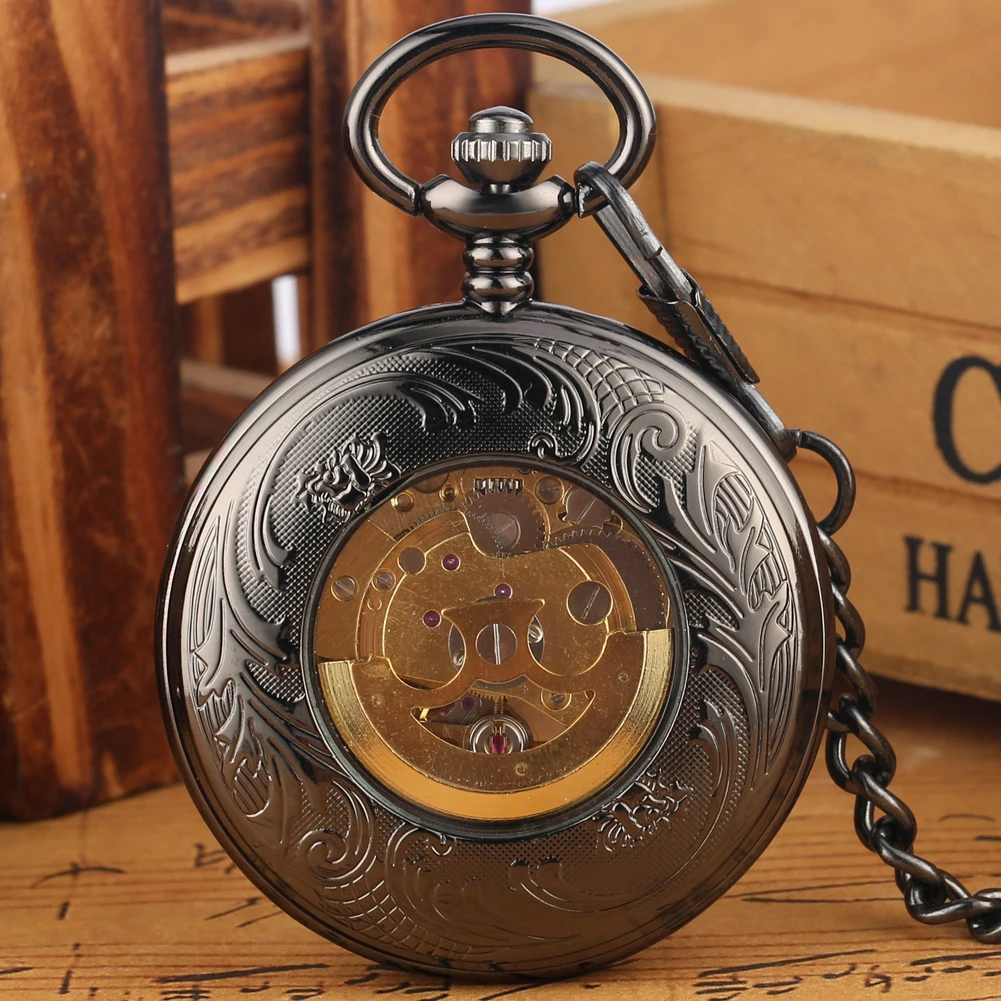 Retro Black Men's Self Winding Mechanical Pocket Watch Hollow Gold Arabic Numerals Design Antique Pendant Watch Pocket Chain