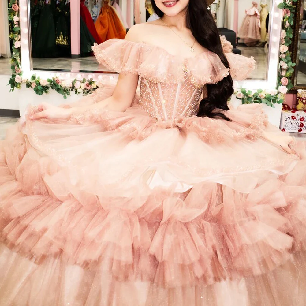 Customized 2 IN 1 quinceanera dresses Ruffles Off the Shoulder vestidos de 15 años with Detachable Train Bead Pageant Dress
