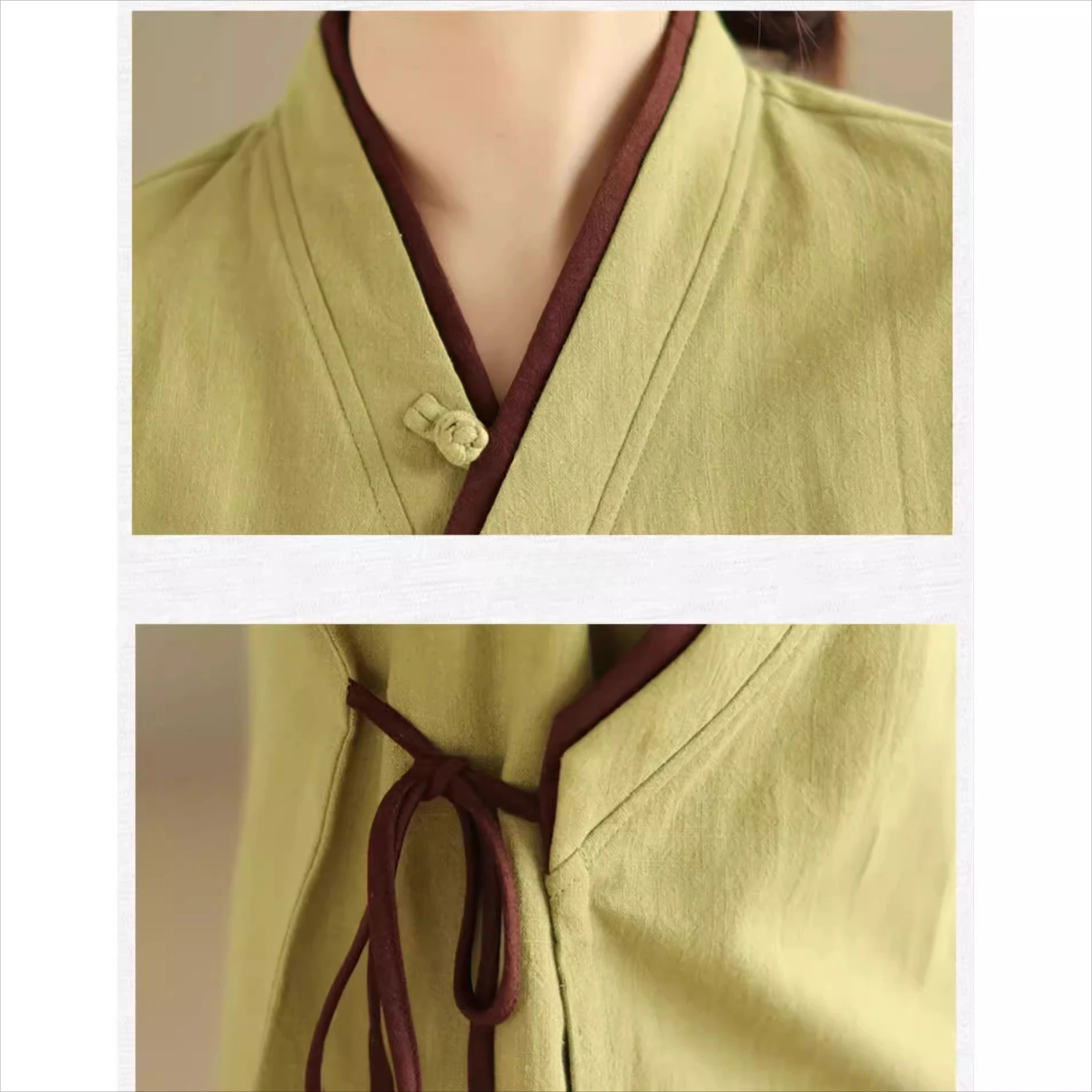 بلوزات نسائية صيفية من القطن والكتان بأكمام طويلة ورباط علوي ملابس شاي Hanfu Zen بلوزة فضفاضة على الطراز الصيني التقليدي