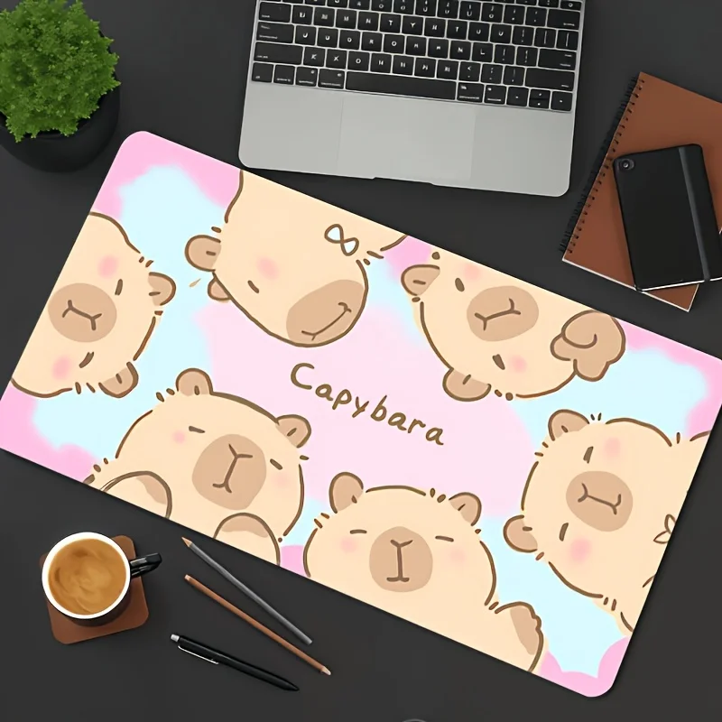 Kawaii Capybara Faces Rubber Desk Mat,Non-Slip Large Mouse Pad,Cute Cartoon Print with"Capybara"Text,Water-Resistant KeyboardPad