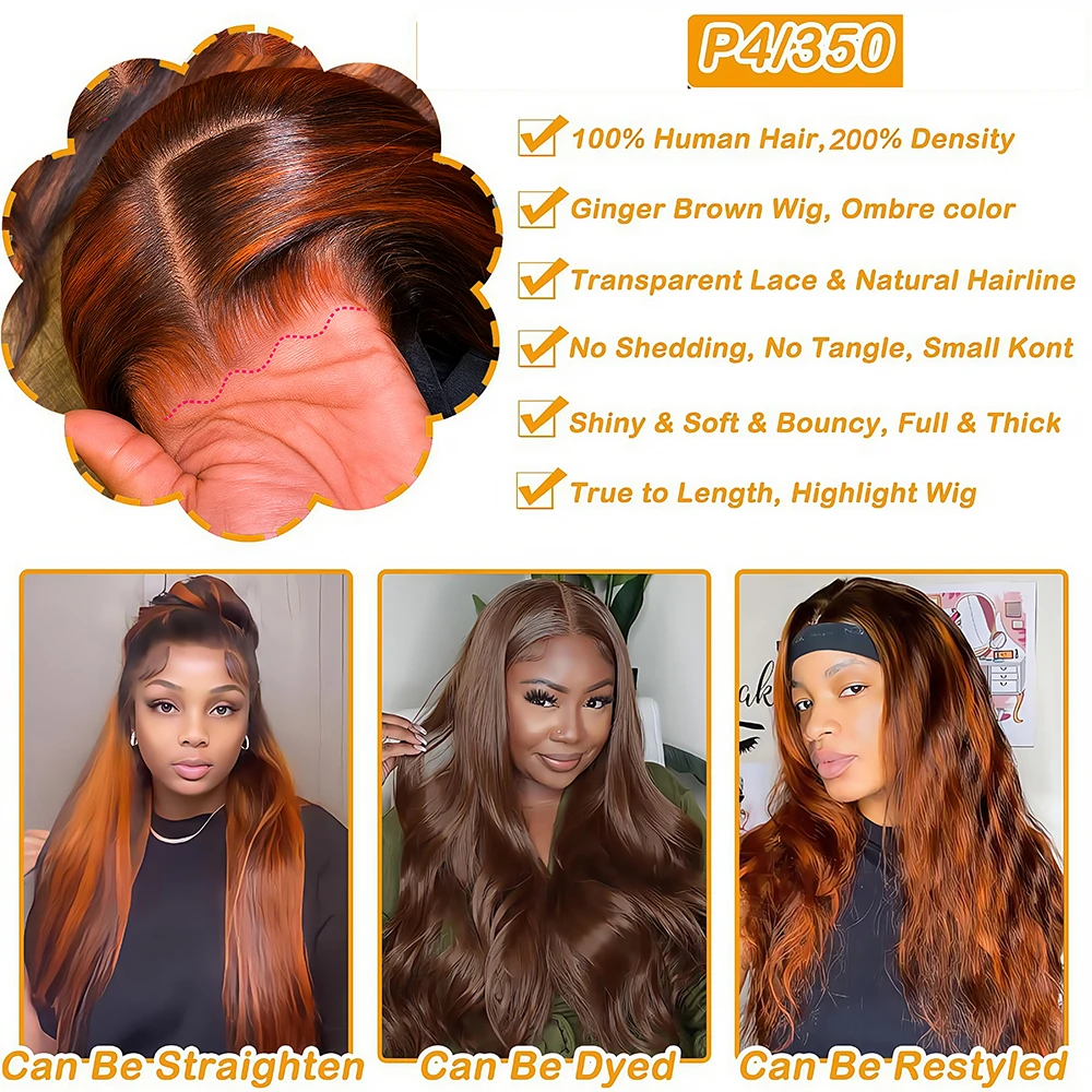 Wig Rambut Asli Highlight Lace Front Warna Ginger Orange Gradasi Lurus Tanpa Lem 5x5 Bleached Lace Wig Rambut Asli Berwarna