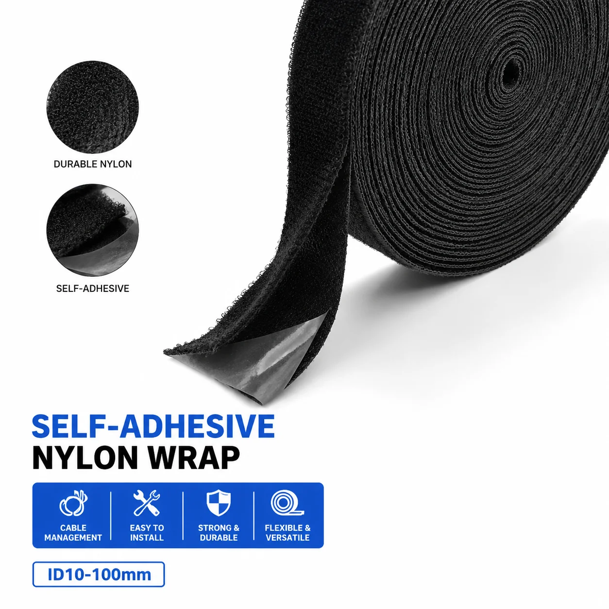 1/2/3/5/10M Nylon Self‑Adhesive Sleeve ID10mm‑100mm, Moisture‑Proof And Weather Resistant Regular Wire Protection Cloth Sleeve.