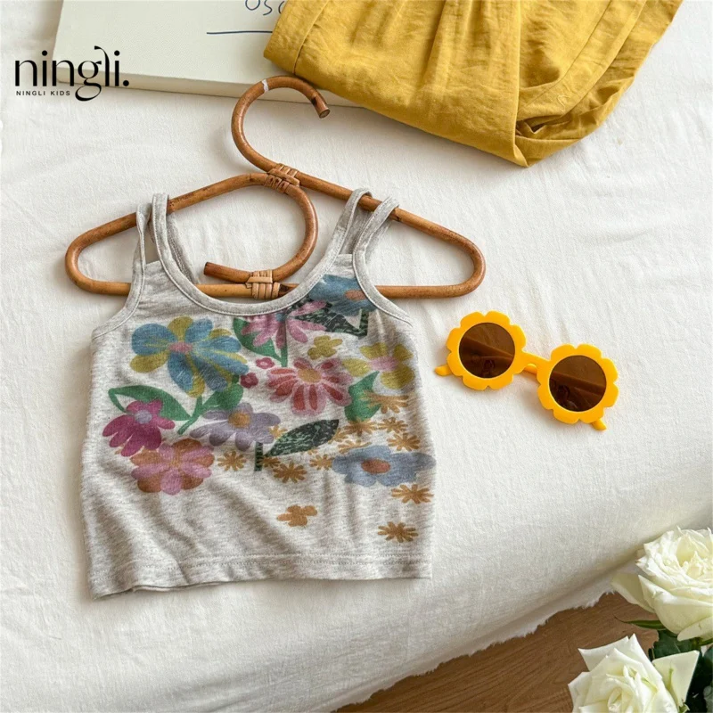 

Girls' French Oil Painting Style Set Summer New Children's Baby Camisole Wide-Leg Pants Two-Piece Thin Set