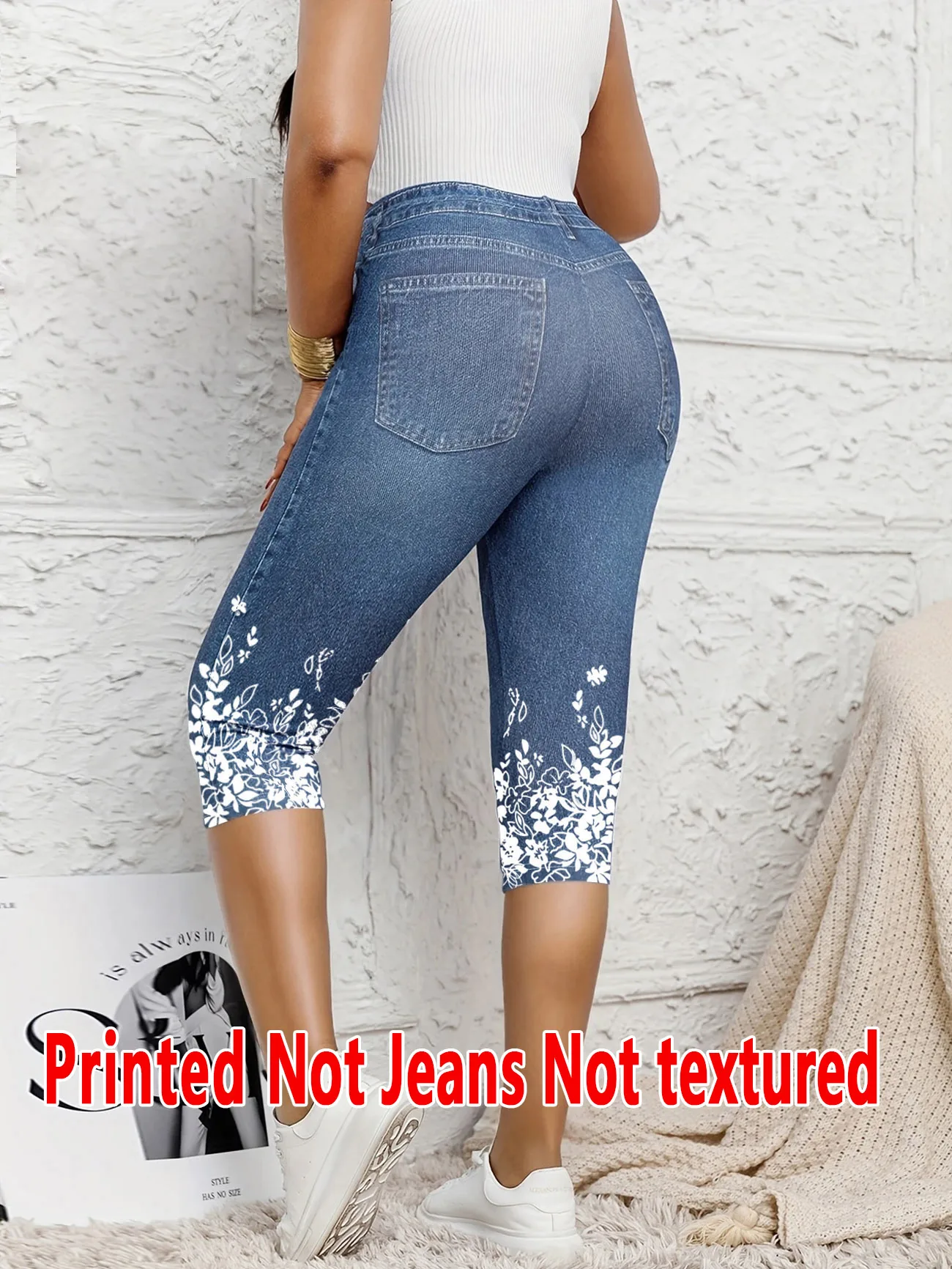 5898 [Printed Leggings - Not Denim Fabric]Ladies' Seven-Point Leggings with a Faux Denim Print, Form-Fitting Pants
