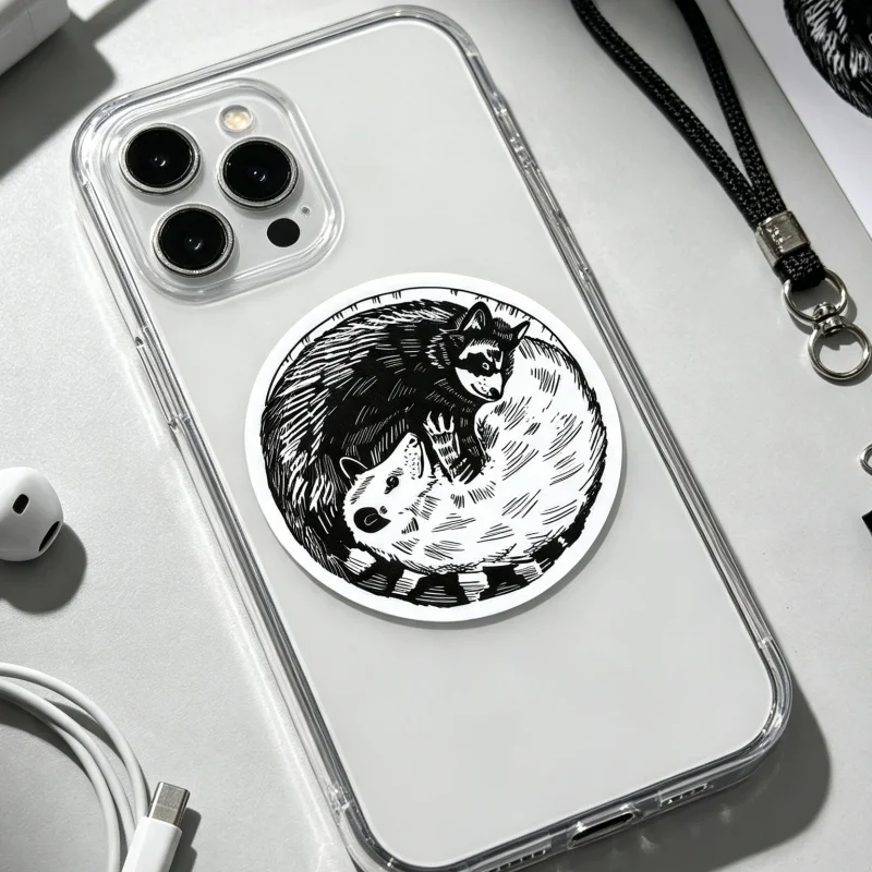 Cute Possum Raccoon Circle Shape Sticker Cosplay Accessory Waterproof Vinyl Sticker For Skateboard Notebook Laptop Phone Case