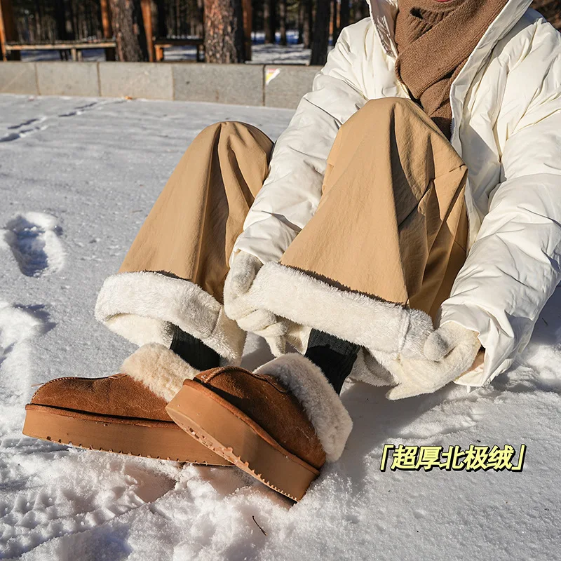 Northeast cold-proof lamb wool pants, fleece-lined, thickened, warm outdoor ski pants men and women, three-proof straight-le