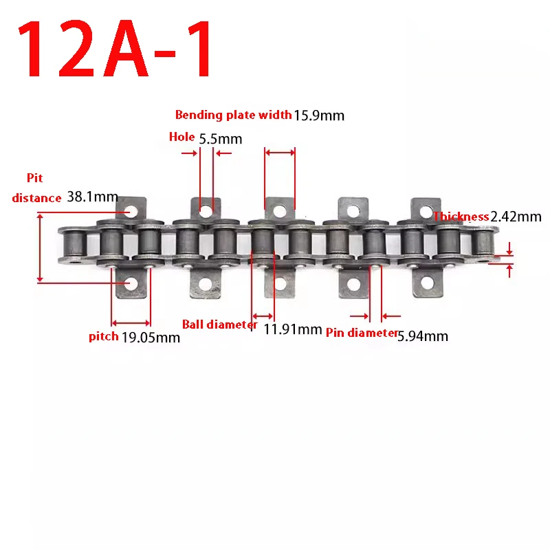 12A-1 Industrial Roller Drive Chain with Double Sides Ear , Single Holes, Bent Curved Plate Conveyor Chain,1.5Meter