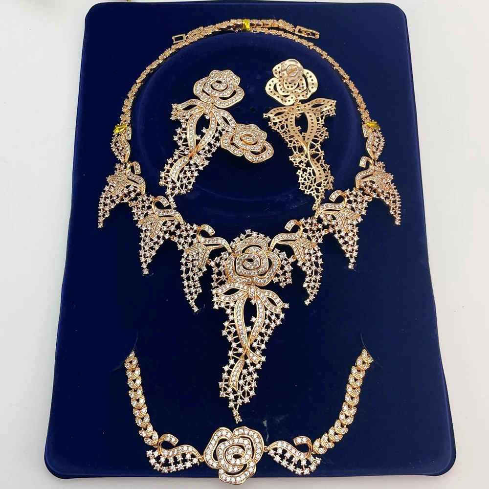 Luxury Jewelry Set Cubic Zirconia Necklace Earrings Ring and Bracelet Suitable for Dubai Nigerian Wedding Party Jewelry FHK20963