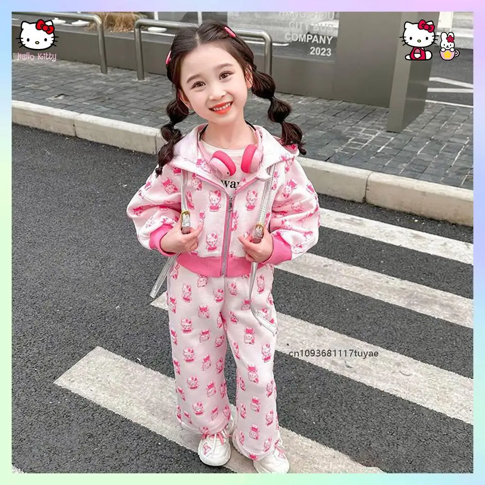 

2Pcs Hello Kitty Children's Tracksuit Set Sanrios Aesthetic Girl Korean Fashion Print Zipper Hoodie Wide Leg Pants Coat Trousers