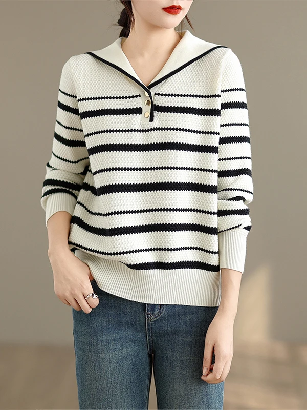 

Naval Collar Knitted Sweater Women's Loose Long Sve Autumn New Sle Slimming Striped Base irt Top Faionable Commute
