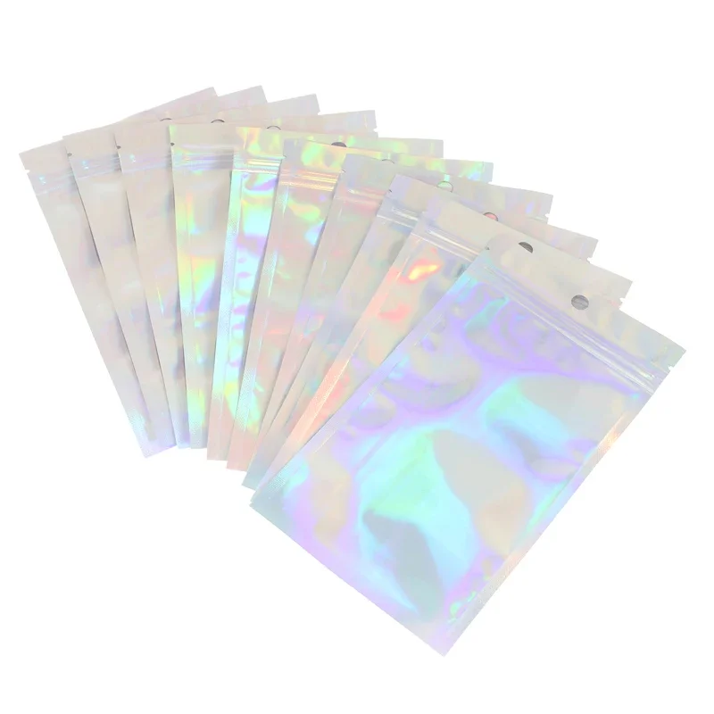 100pcs sacchetto a chiusura lampo iridescente trasparente Laser addensare sacchetti di plastica per esposizione di gioielli artigianato confezione di ciglia per unghie