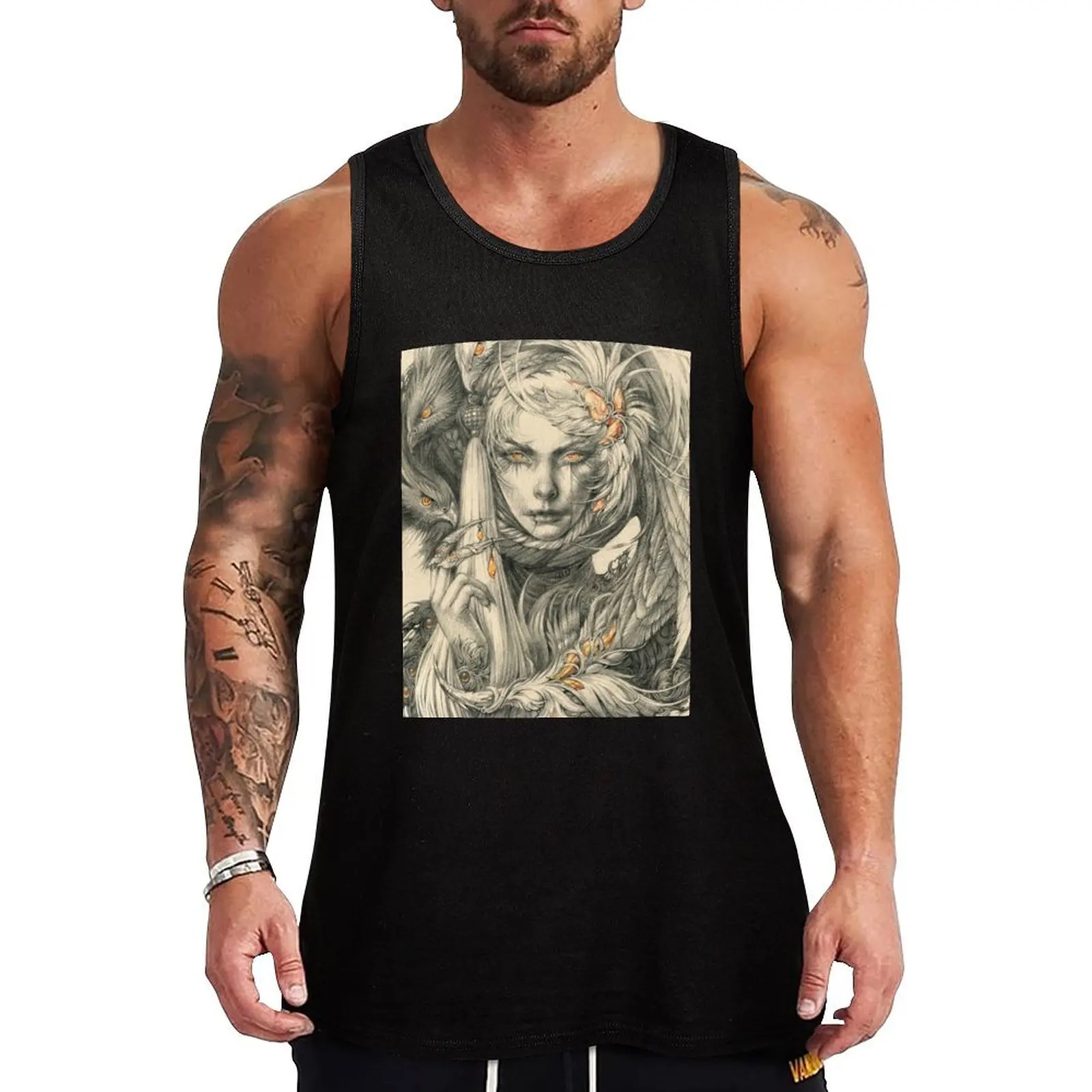 Camiseta sin mangas con estampado de naturaleza y paisaje, diseño de dama con halcones y joyas de ámbar