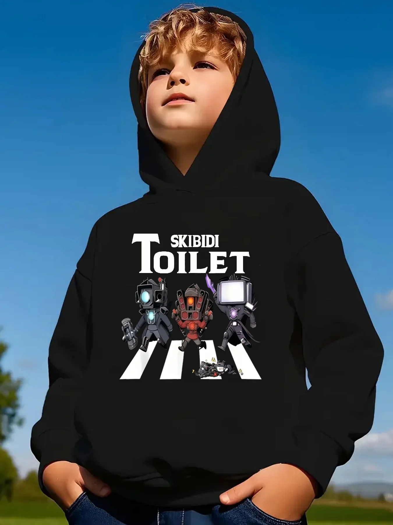 سويت شيرت بغطاء للرأس للأطفال، سويت شيرت مطبوع رياضي كاجوال عصري، بلوفر مريح