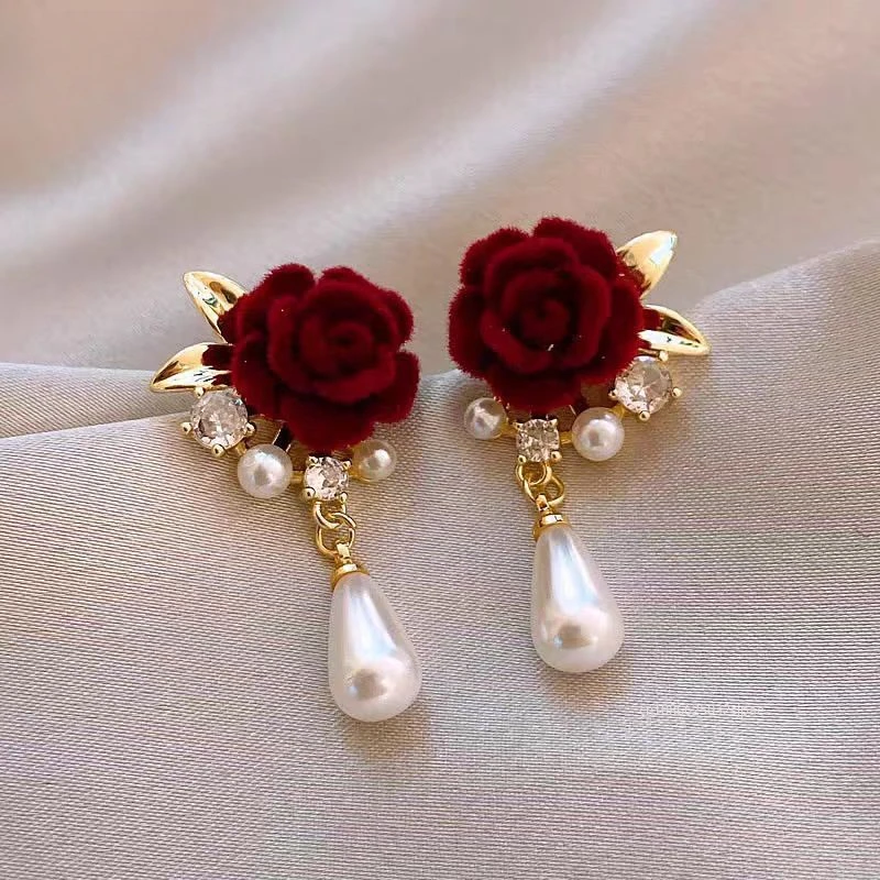 Red Velvet Rose Pearl Stud Earrings Ladies Earrings New Year's Golden Metallic Floral Studs Earrings Party Gift Accessories