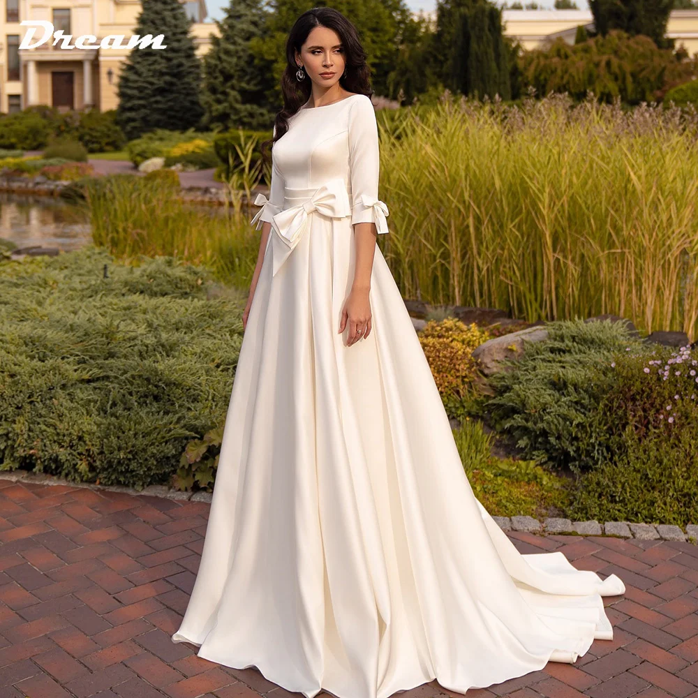 

DREAM Half Sleeves O-Neck Elegant Satin Wedding Dresses Backless A Line Pleats Bridal Gown Sweep Train Vestido De Noiva 2023