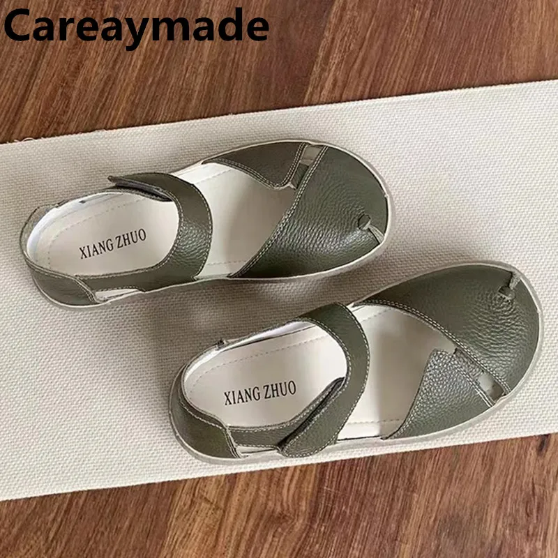 Careaymade-Genuine leather soft surfaces women's sandals summer flat bottomed hollow beach Roman shoes pig cage women's shoes