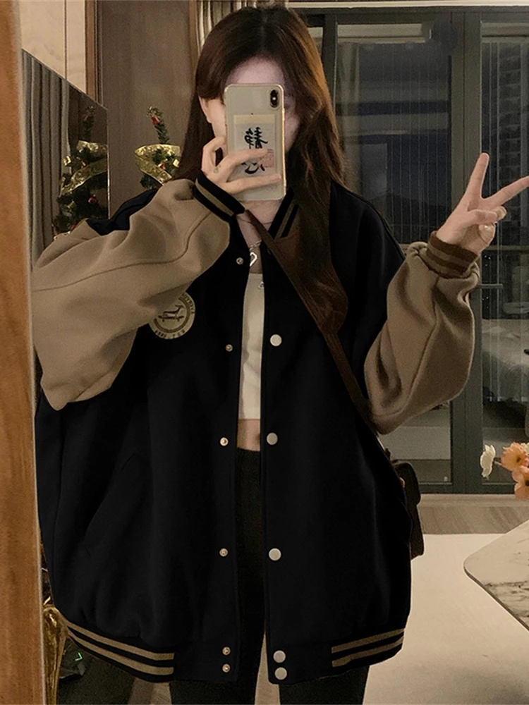 

Baseball Jackets Nylon Womens Winter Splashproof Sherpa Urban Flannel Warm Sheepskin Letter Colorful Chaqueta Silhouette Splice