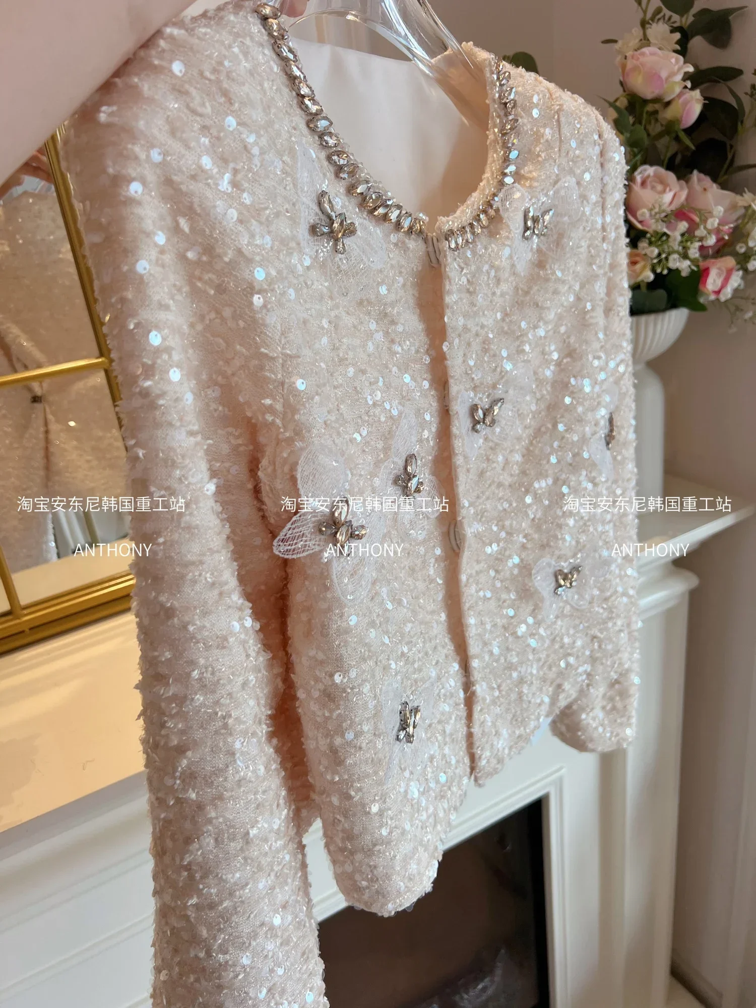 Elegant Butterfly Short Jacket Women Sequin Diamonds Heavy Industry Round Collar Long Sleeve Cardigan Fashion Cropped Coats