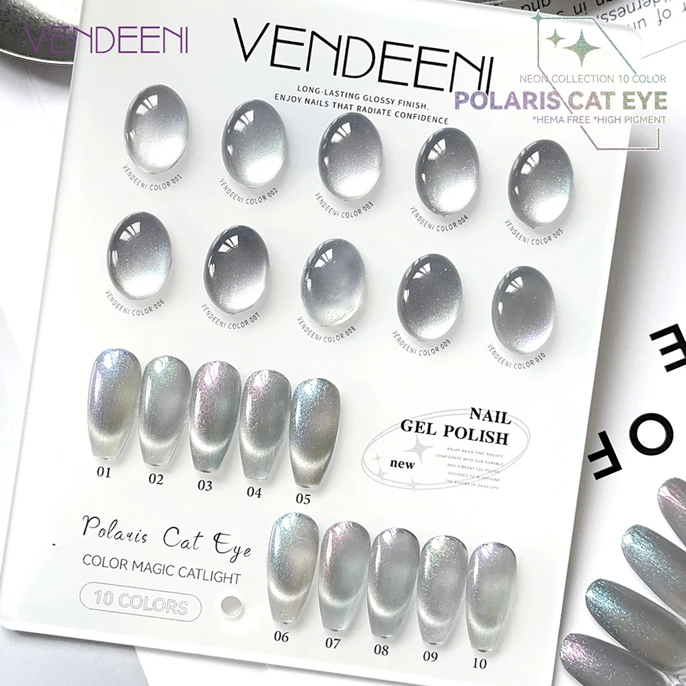 Vendeeni 10 Colors/Set Shiny Polaris Cat Eye Gel Nail Polish TPO HEMA FREE Silver Magnetic UV Soak Off Gel Varnish With Display