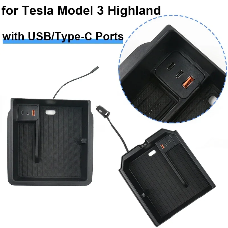 For Tesla Model 3+ Highland 2024 Storage Box Expansion Dock Station Central Control Armrest Glasses Clip Organizer Charging Hub