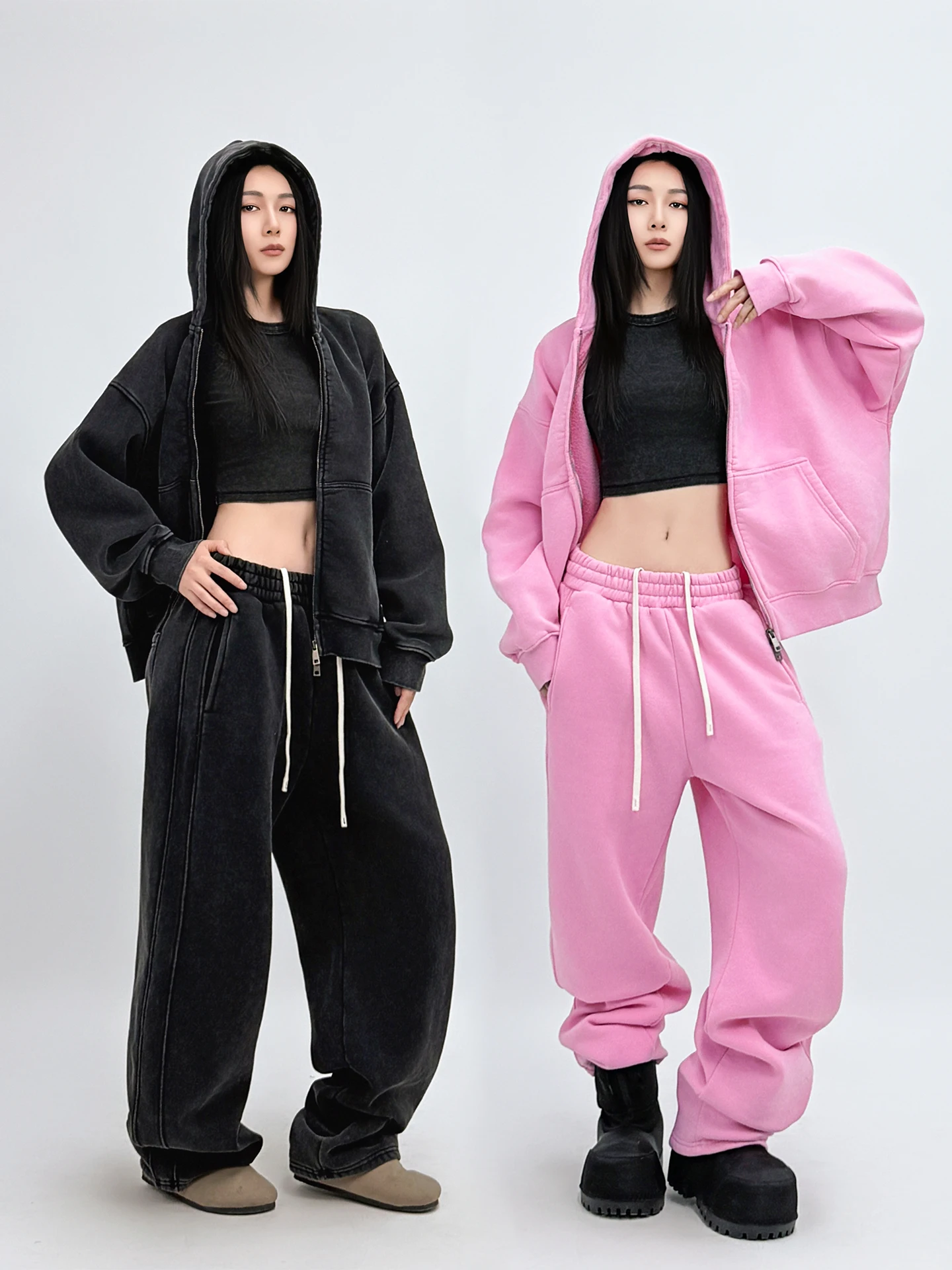 

Sun90 комплект брюк с капюшоном на молнии в американском стиле ретро, женский комплект Dopne Pink, свободный спортивный комплект из двух предметов, повседневная зимняя одежда