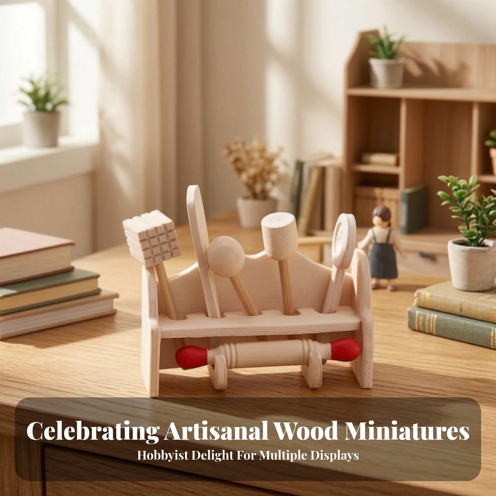 Wooden Dollhouse Utensil Shelf Compact OB11 Scale Kitchen Scene Accessory Miniature Rolling Pin Holder Rack Exquisite Detail