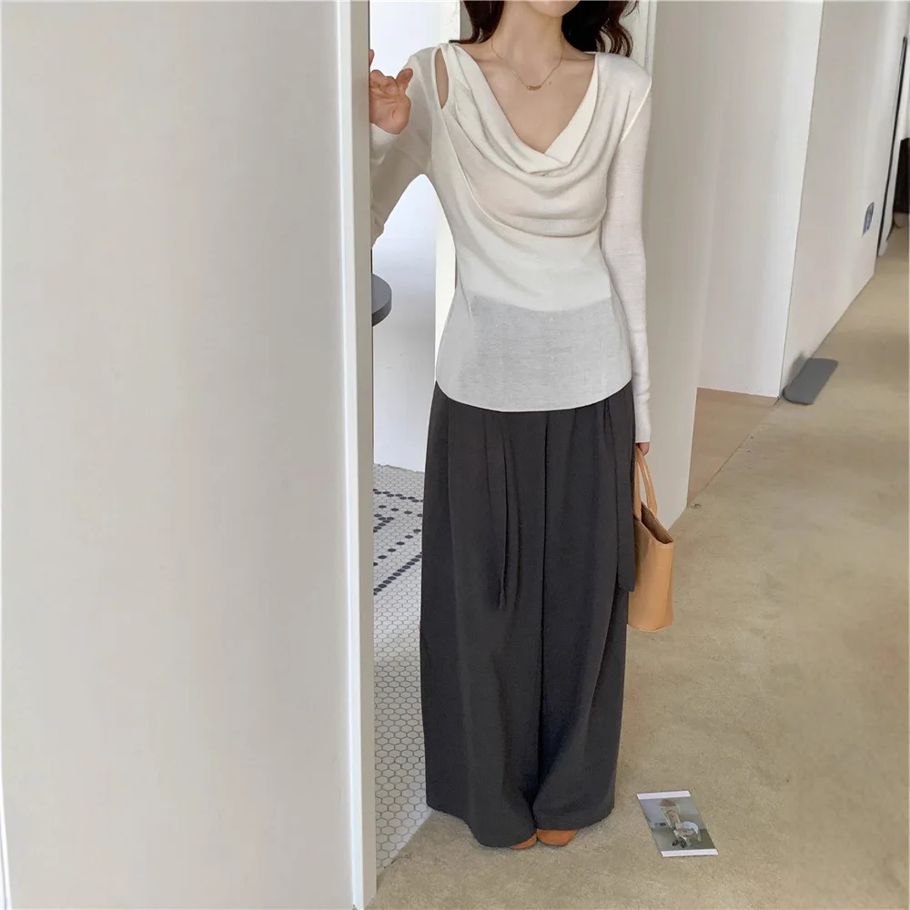 8141 Strickoberteil mit U-Ausschnitt, Herbst und Winter, kühles Gefühl, 14 Gauge Wollmischung, schulterfrei, aushöhlen, geraffte Taille