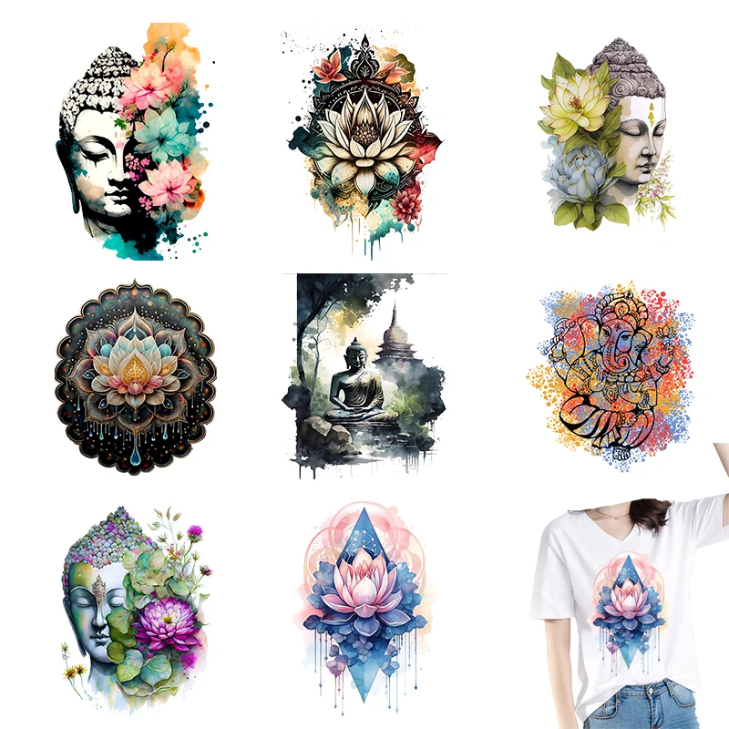 25CM Colorful Ink Wind Lotus Heat Transfer Printing Clothing Printing Sticker DIY Solid Color T-shirt Hoodie Iron On Decoration