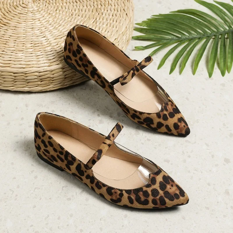 Sexy Shallow Mouth Pointed Toe Flat Ballet Dance Shoes Mary Jane Leopard Bow Shallow Mouth Single Shoes for Women