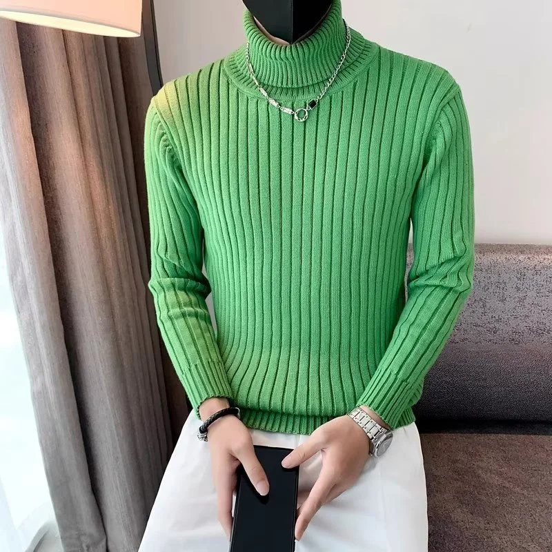 Men's Daily Soft Striped Knitted Sweaters Thermal Cotton Fabric Pullovers Stacked High Collar Slim Fit Long Sleeve Clothes Male