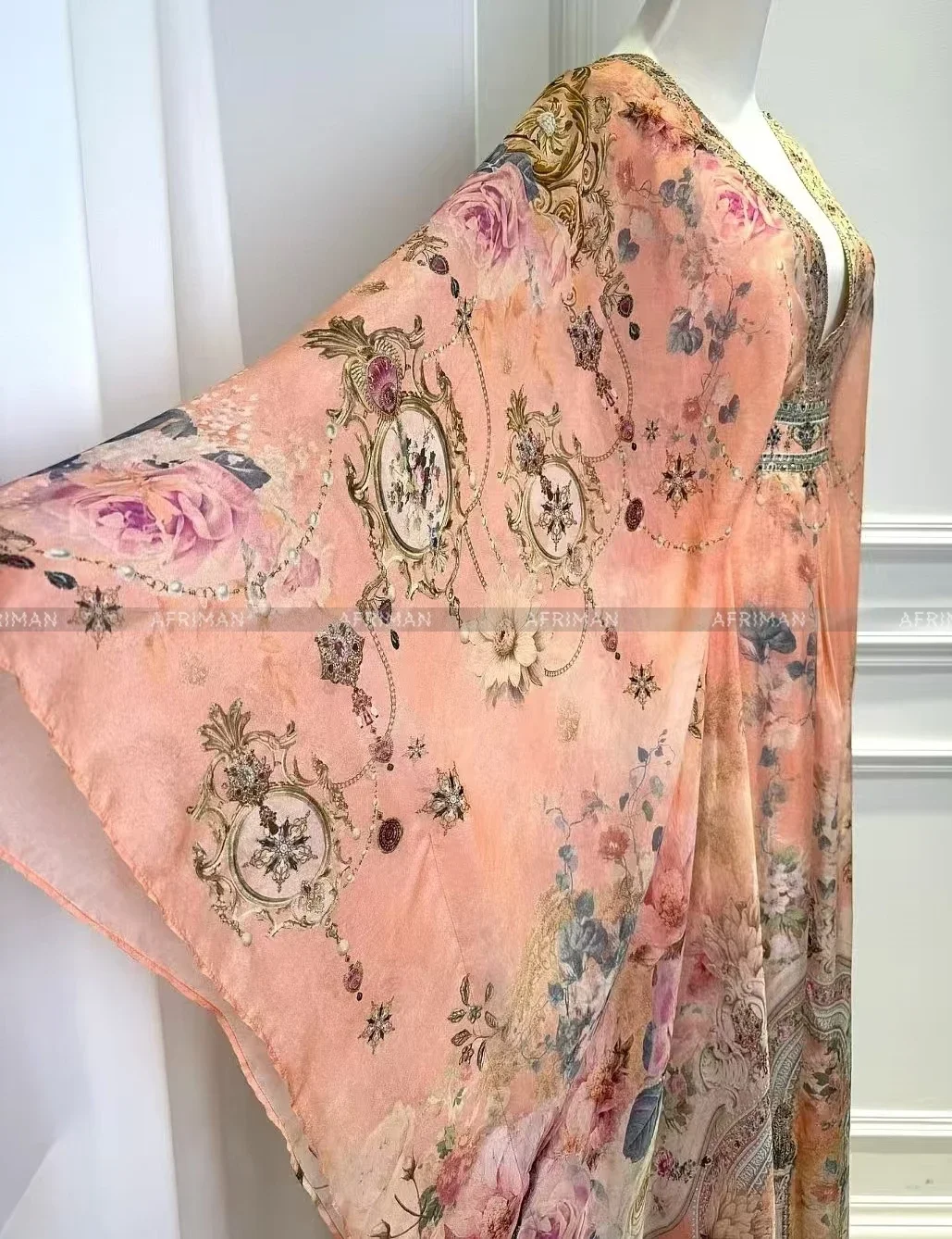 Robe longue ample 100% soie pour femmes, col en V, perles de cristal, manches chauve-souris, imprimé floral rose