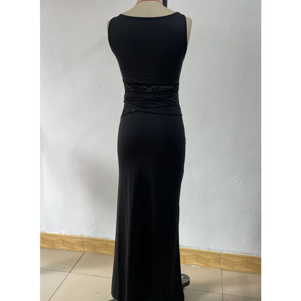 Apprabant Frauen Spitze Spleißen Einfarbig Vestido Rundhals Ärmellose Halb Transparent Aushöhlen Twisted Bund Kleid