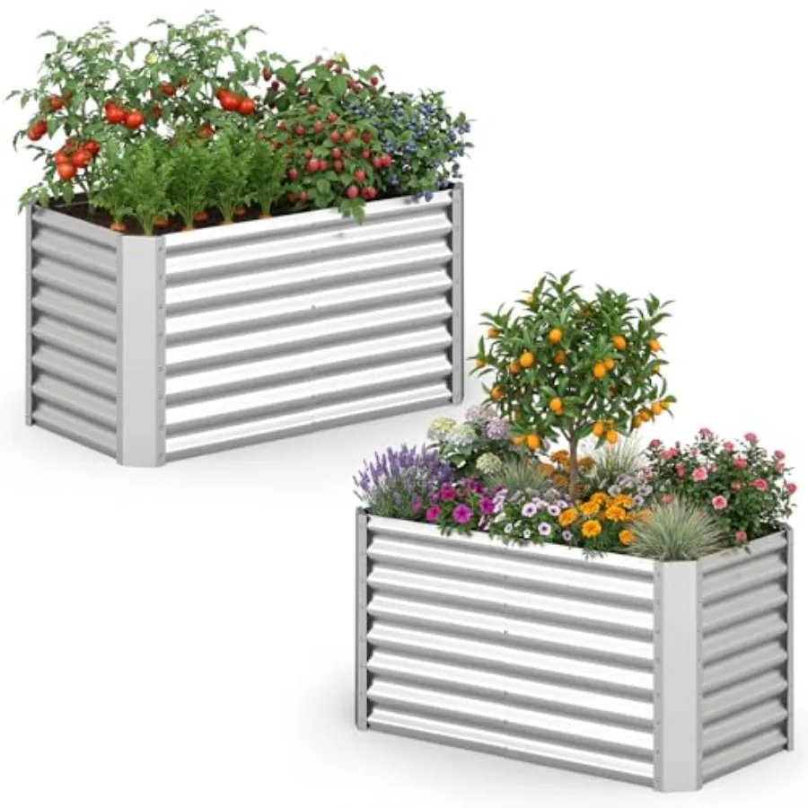 Outdoor rectangular metal planter box for saplings, vegetables, flowers, fruits; galvanized steel; silver; open-ended base; 4 x
