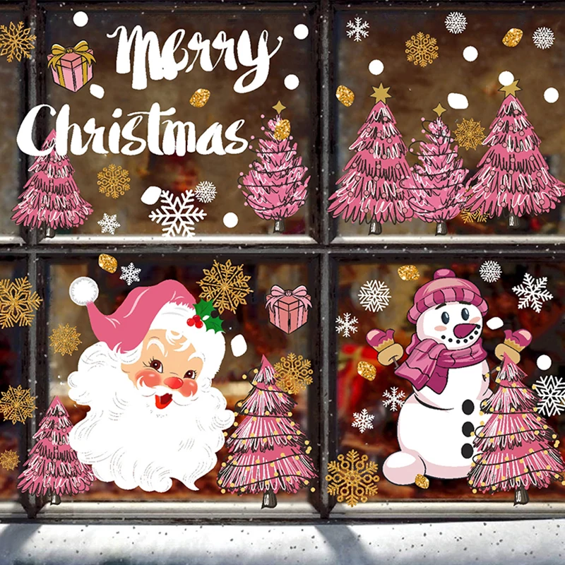 

6 sheets 2025 New Year Merry Christmas Decoration Wall Stickers with Pink Santa Snowman Christmas Tree Pvc Sticker Refrigerator