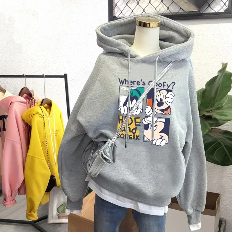 2024 New Autumn/winter Letter Sweatshirt Top Fleece-lined Thickened Korean Version Loose-fit Cartoon Hooded Cartoon