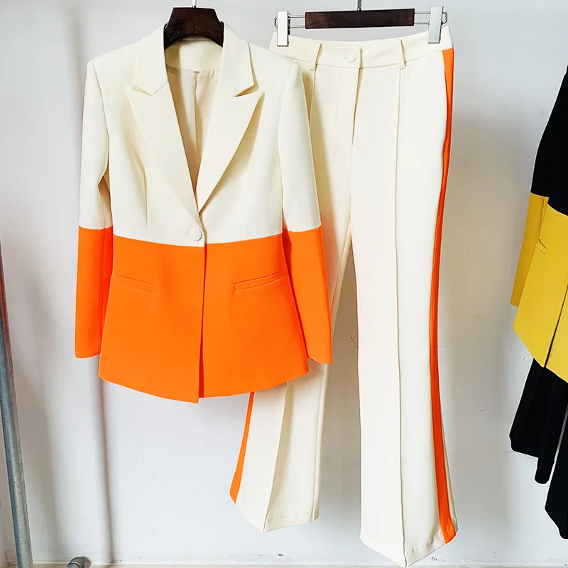 Blazer Pants Suit Two Piece Set Office Ladies Women Color Match Business Single Button Flared Pants Blazer Pants Formal Suit