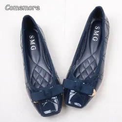 Comemore skórzane damskie solidne baleriny Plus rozmiar 35-41 buty biurowe damskie czarne espadryle kwadratowe Toe Bow-knot mokasyny