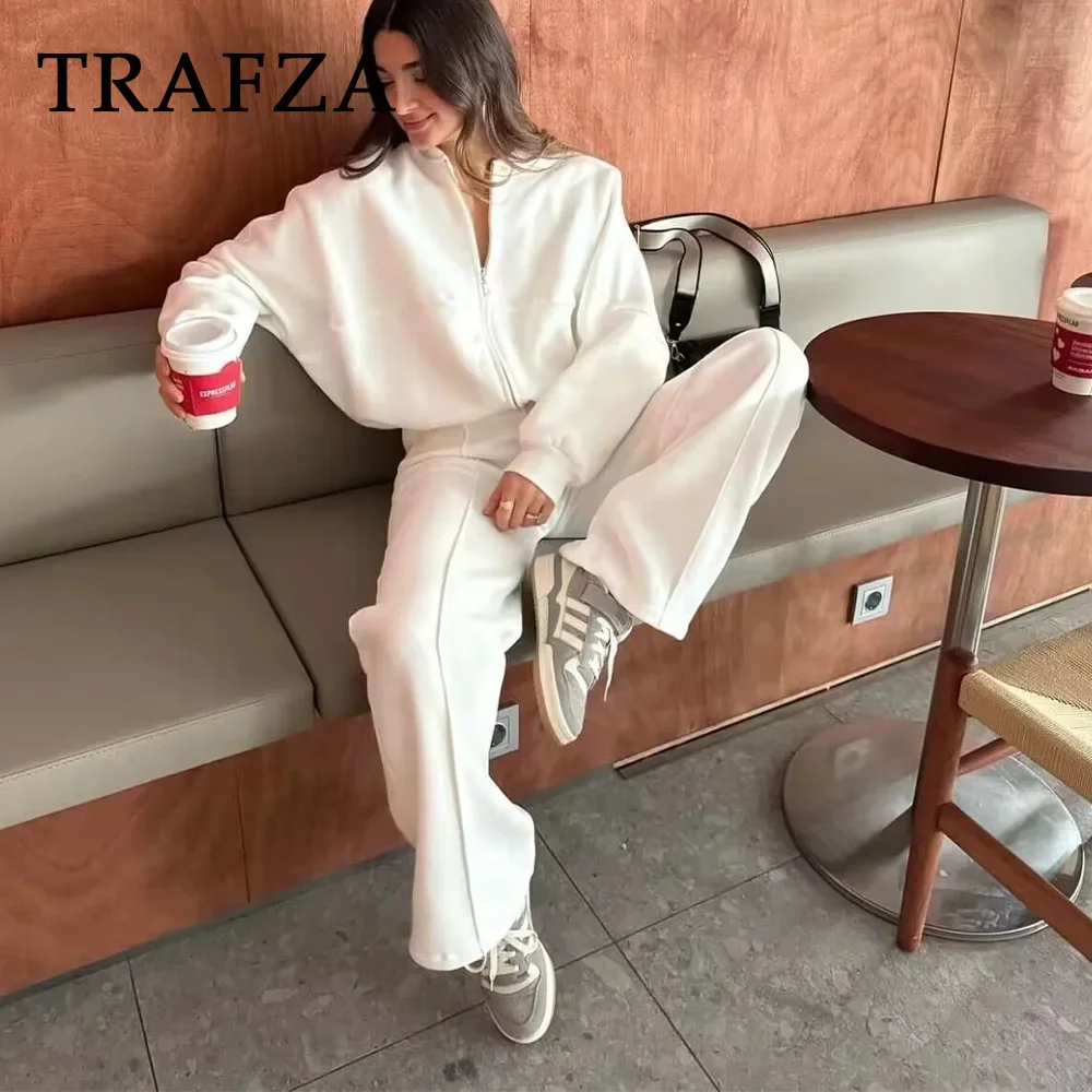 TRAFZA 2024 Autumn Winter Women Casual Solid Straight Suits Fashion Vintage Zipper O Neck Jackets+Elastic Waist Wide Leg Pants