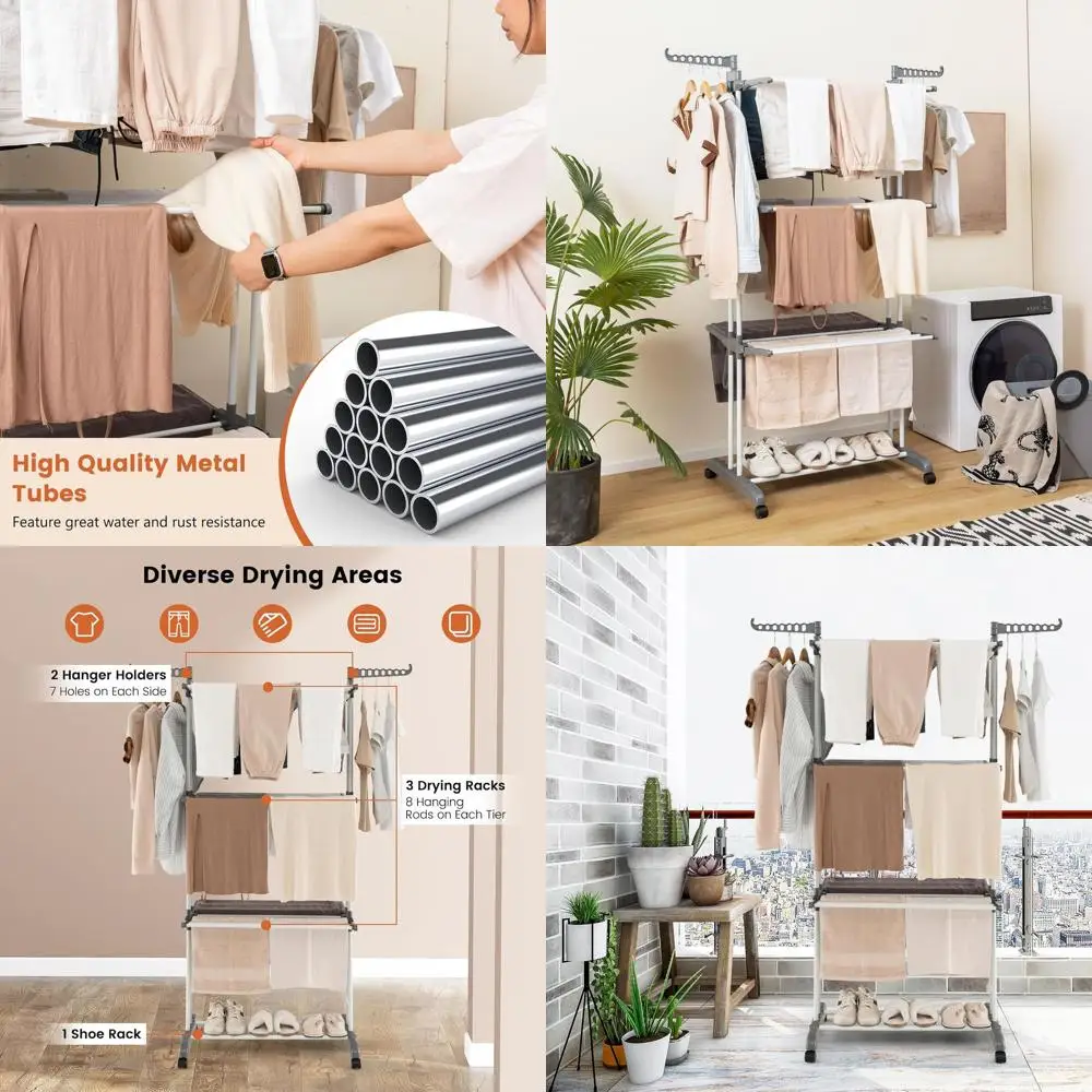 

Portable 4-Tier Folding Drying Rack with Wheels, Rotating Side Wings, 24 Poles, Laundry Bag, Grey