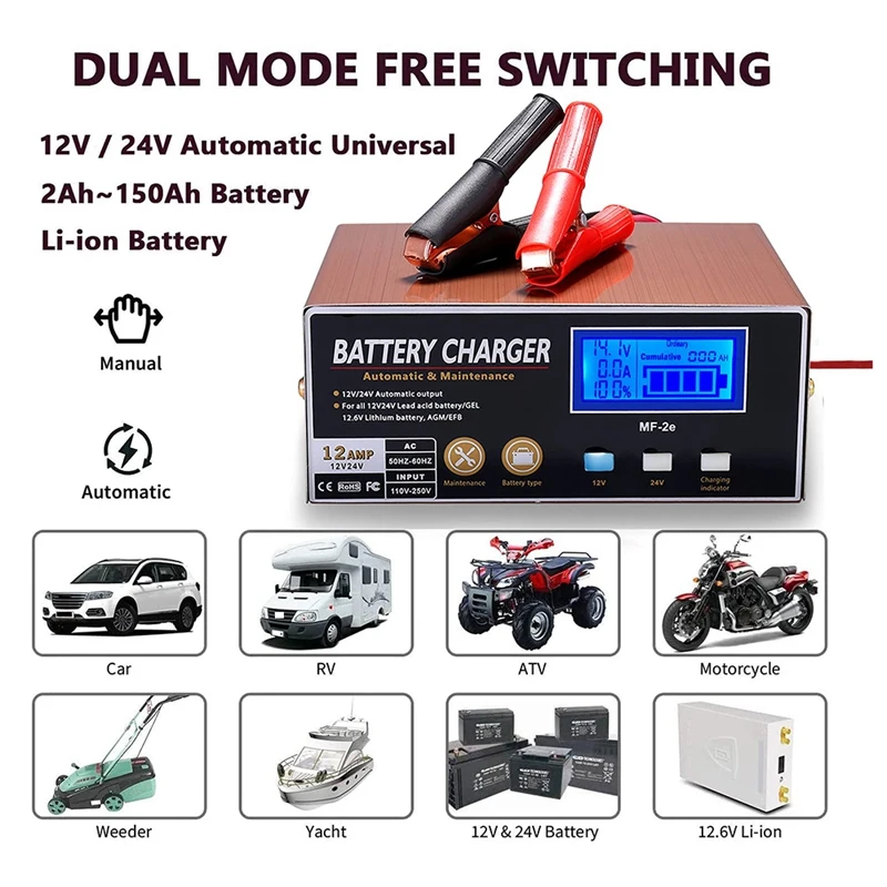 

EU Plug Full Automatic Car Battery Charger Intelligent Pulse Repair Battery Charger For 12V/24V Truck Motorcycle Charger