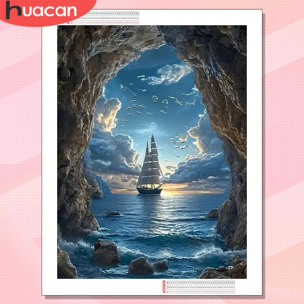 HUACAN Diamant-Malerei-Sets, Segelboot-Landschaft für Erwachsene, handgefertigtes Strass-Mosaik, Raumdekoration, Wandkunst für Zuhause