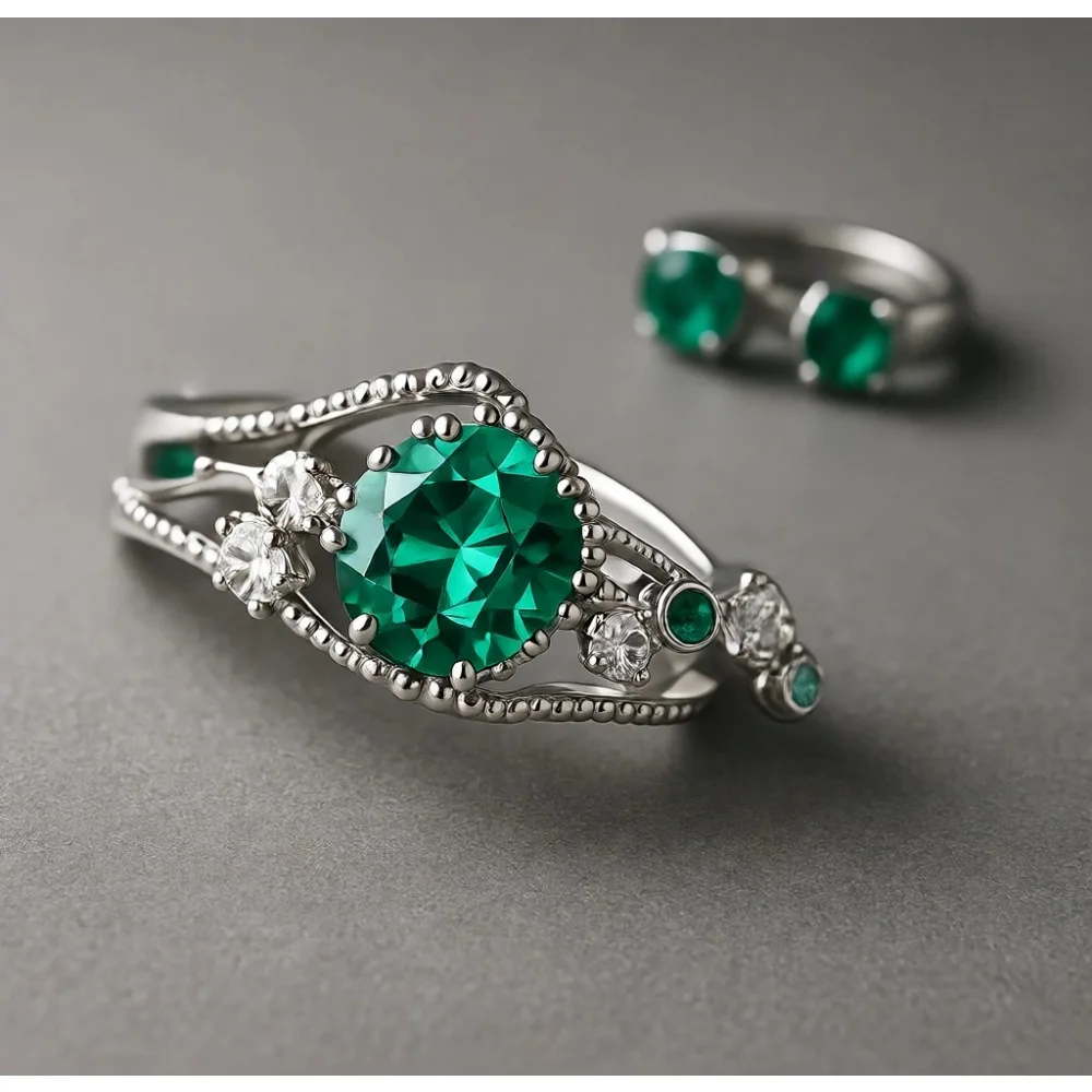 

Комплект из двух колец из серебра 925 пробы с изумрудами и фианитами круглой огранки для женщин, размер 10