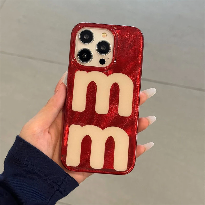 Phone Case with Red Background and Two M Letters, Water Ripple Pattern, iPhone 11, 12, 13, 14, 15 ,16 Pro Max