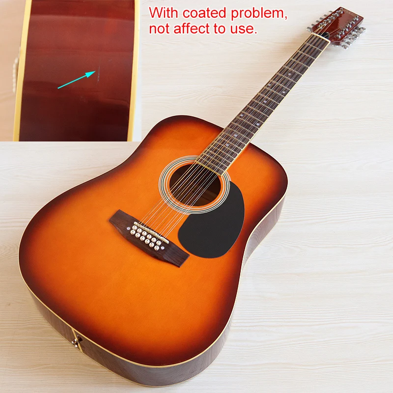 

В наличии 12-струнная акустическая гитара, 41-дюймовая верхняя часть из ламинированного ели и дерева, глянцевая народная гитара с недостатком Sunburst, натуральный и черный цвет