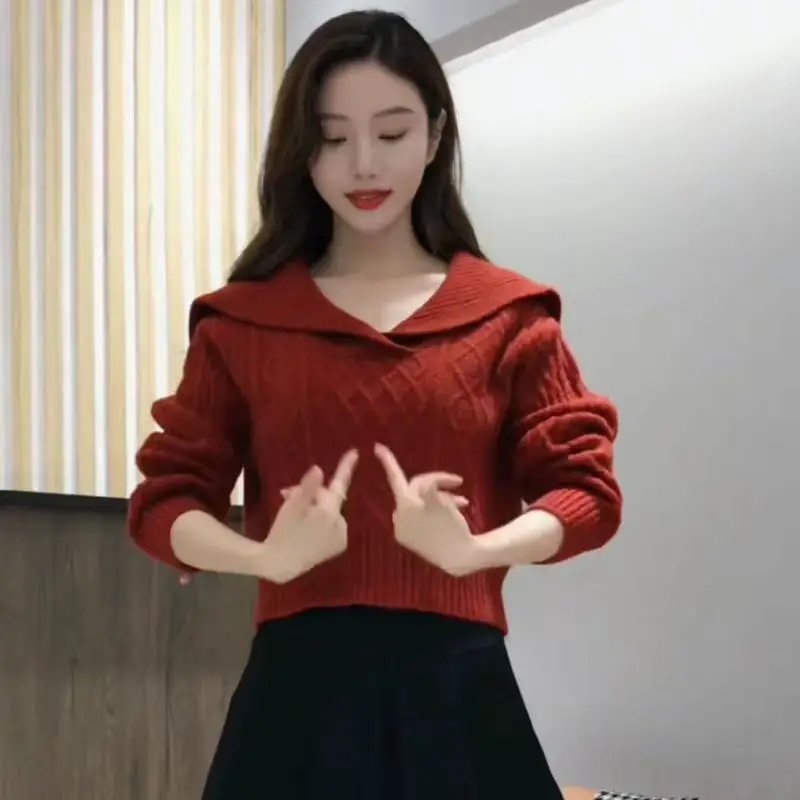 

Large Lapel Retro Sweater Women's Suit Autumn Winter Pullover Sweater Skirt Two-piece Set