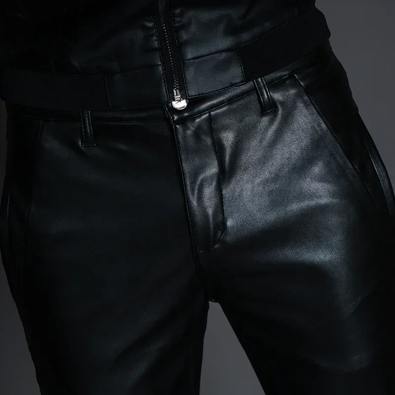 Winter New Men\'s Skinny Biker Faux Leather Pants Fashion Motorcycle Trousers for Male Stage Club Wear