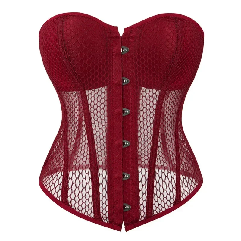 

Overbust Corset Black Red Hollow Out Mesh Breathable Waist Trainer Bustier Top Sexy Shapewear